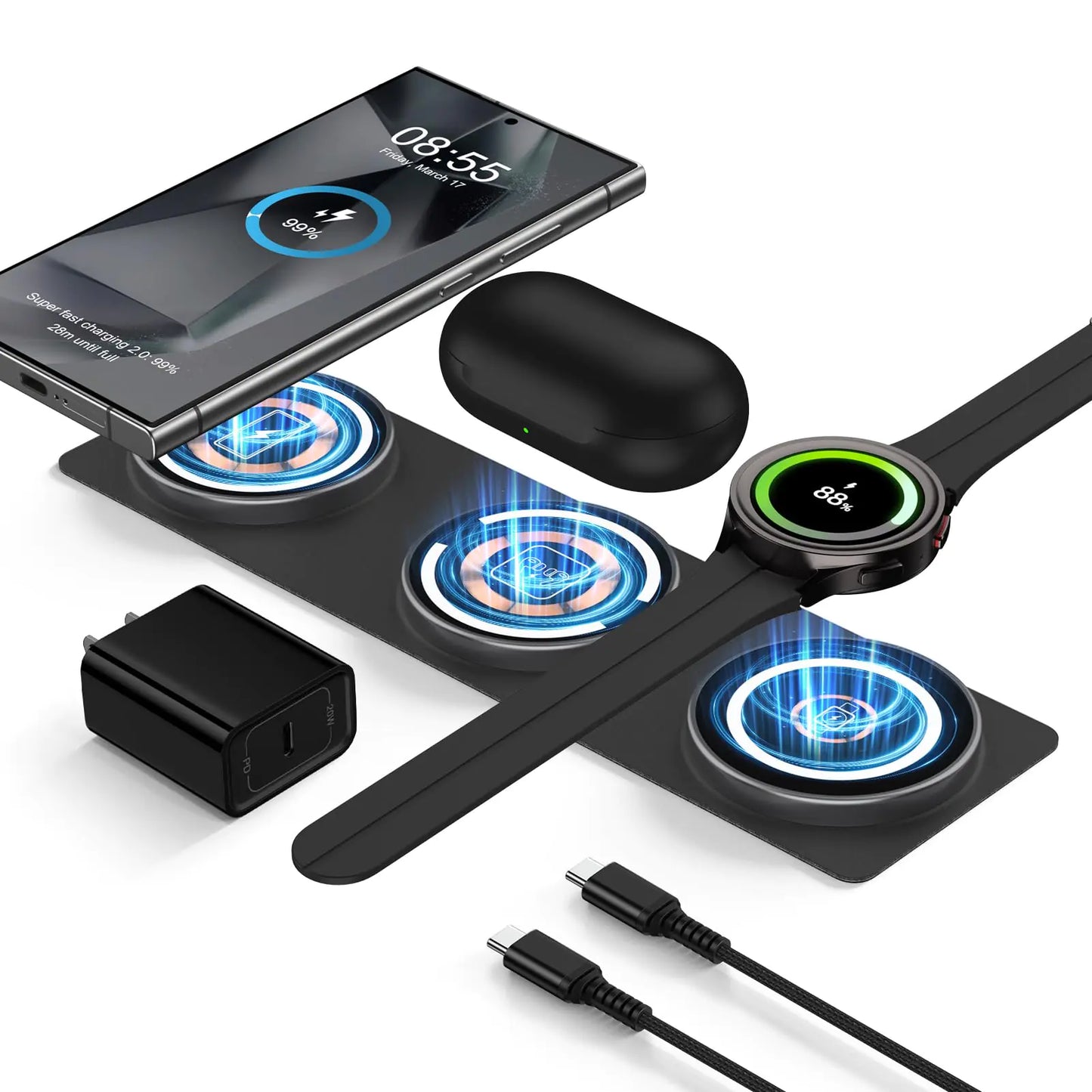 Foldable Travel 3 in 1 Fast Wireless Samsung and Android Charger Pad/Station, 15W
