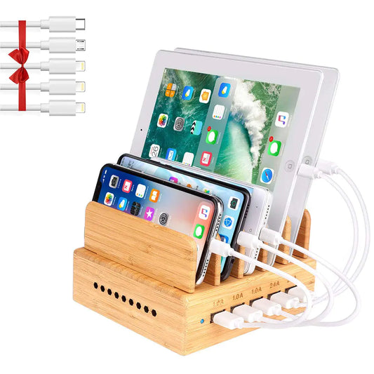 Bamboo Wood Charging Station for Multiple Devices with 5 Ports USB Charger